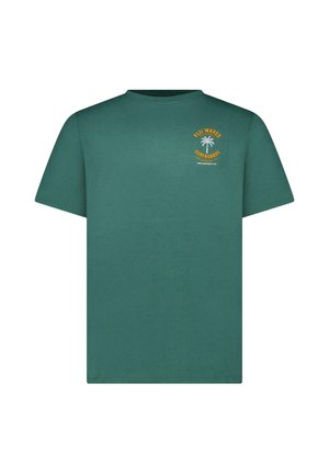 Groen T-shirt met korte mouwen, met een kleine geel-witte palmboomgrafiek en de tekst "Fuji Waves Surfboards Los Angeles" op de borst.