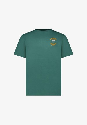 Groen T-shirt met korte mouwen, met een kleine geel-witte palmboomgrafiek en de tekst "Fuji Waves Surfboards Los Angeles" op de borst.
