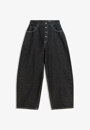 Pantaloni largi din denim negru cu talie înaltă, închidere cu cinci nasturi, două buzunare frontale și detalii contrastante cu cusături albe.