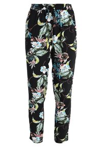 Pantalon à imprimé floral noir avec une taille élastique et un cordon de serrage. Présente de grandes feuilles vertes et des fleurs colorées, tissu léger.