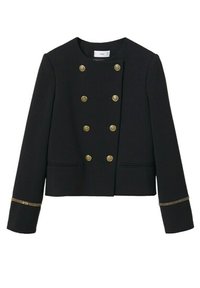 Czarna krótka marynarka dwurzędowa z złotymi guzikami i złotym zdobieniem przy mankietach, z dwoma przednimi kieszeniami wszytymi na płasko.