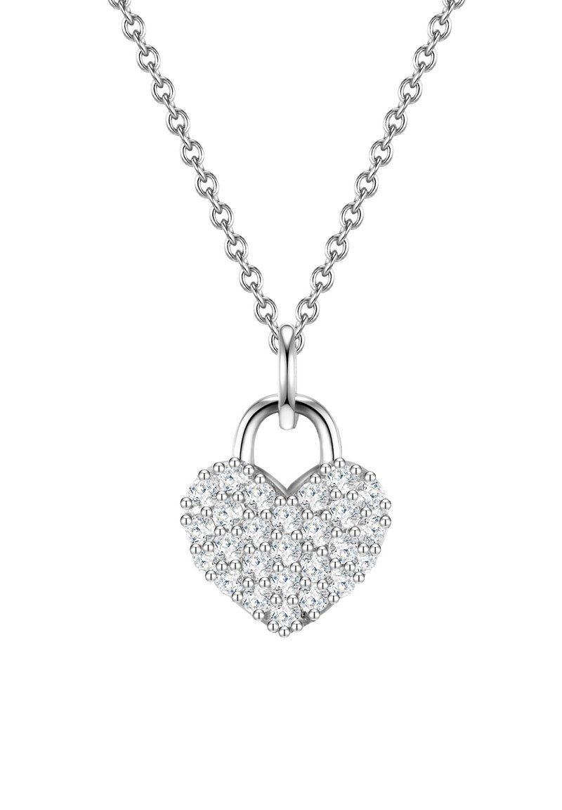 Sudraba sirds formas kulons ar teksturētu virsmu, kas izrotāta ar caurspīdīgām rhinestone, piekārts pie smalkas ķēdītes.