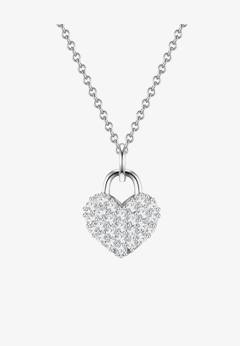 Hõbe südamekujuline ripatsikaelakee, millel on tekstureeritud pind, kaunistatud selgete rhinestone'idega, kinnitatud delikaatse ahelaga.