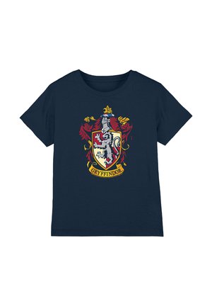 Navy blue t-shirt with a Gryffindor crest featuring a lion, helmet, and red and gold decorative elements centered on the chest.