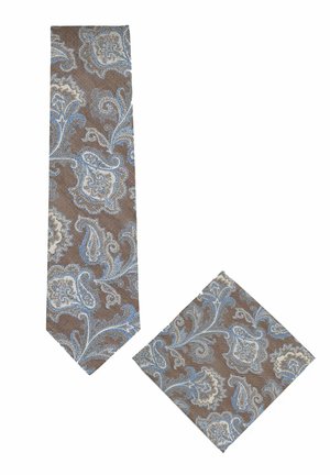 Braune Krawatte und passendes Einstecktuch mit blauen und beigen floralen Paisley-Mustern auf strukturiertem Stoff.