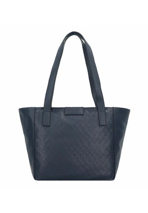 Sac fourre-tout bleu marine avec un motif tissé à l'avant, des côtés lisses, deux poignées et une forme rectangulaire.