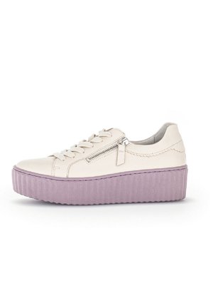Platform sneakers with a white leather upper, lavender textured sole, laces, and a zipper accent on the side. Circular toe design.