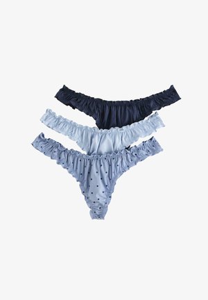 Tre paia di perizoma da donna: blu navy scuro, azzurro chiaro e un modello a pois. Ognuno presenta bordi arricciati e tessuto morbido.