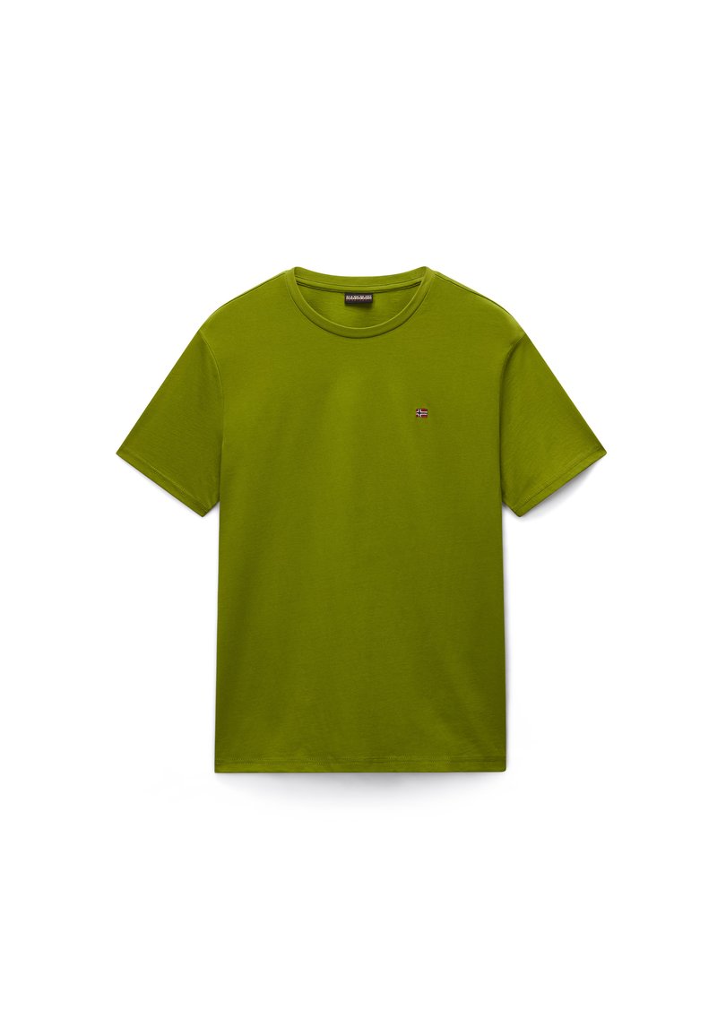 Green short-sleeve cotton t-shirt with a crew neck and embroidered logo on the left chest. Smooth texture, standard fit.