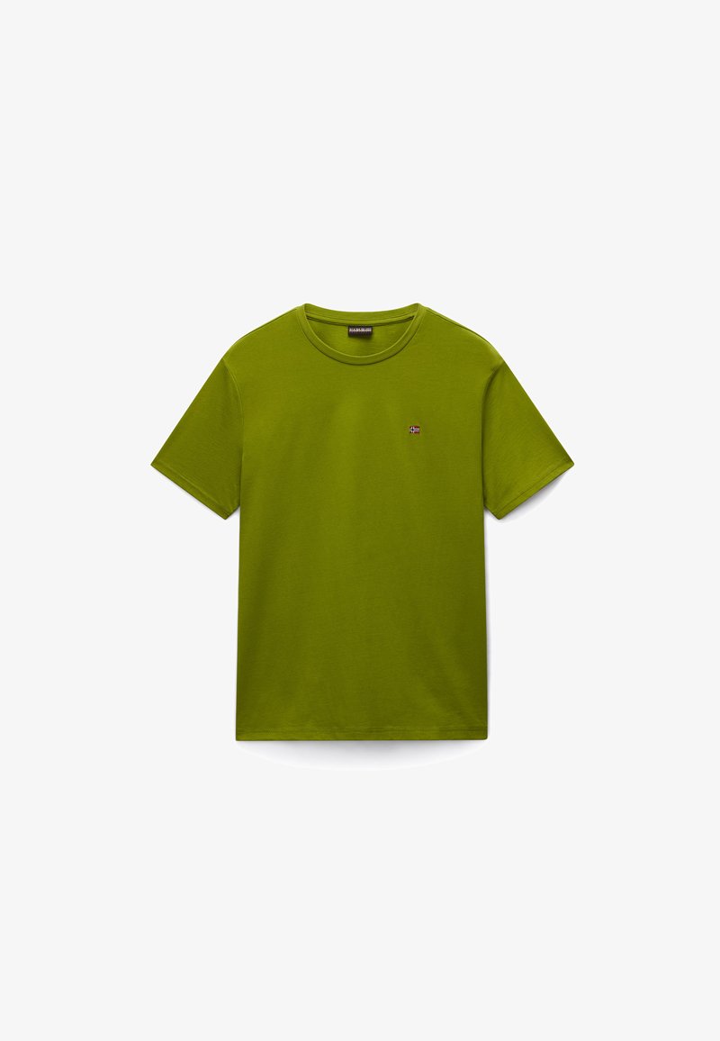 Zelena bombažna majica s kratkimi rokavi, okrogel izrez in izvezen logotip na levi strani prsi. Gladek tekstura, standarden kroj.