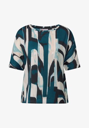 Halenka s krátkým rukávem v mnohobarevném abstraktním vzoru, obsahující modrou, černou a krémovou barvu. Hladký materiál s volným střihem a kulatým výstřihem.
