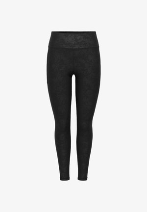 Leggings noirs avec un motif texturé, dotés d'une taille haute, conçus pour le sport ou une utilisation décontractée.