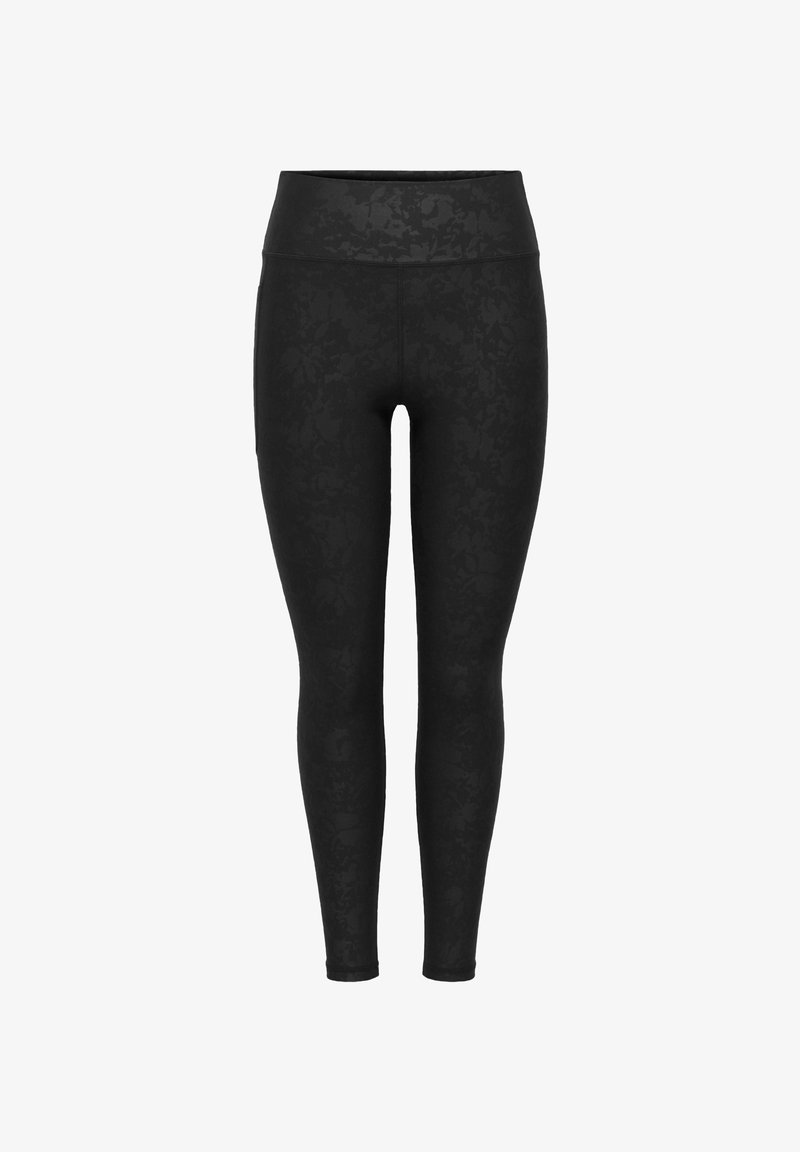 Zwarte leggings met een gestructureerd patroon, voorzien van een hoge tailleband, ontworpen voor actieve kleding of casual gebruik.