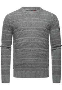 Grauer Strickpullover mit strukturiertem Muster, der horizontale Streifen, einen runden Halsausschnitt sowie gerippte Ärmel- und Saumabschlüsse aufweist. Keine sichtbaren Logos.