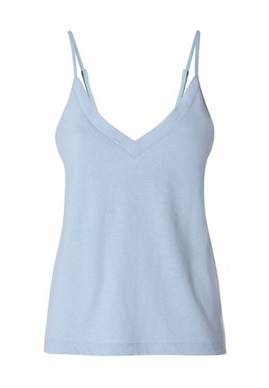 Top azzurro chiaro senza maniche con scollo a V e spalline sottili regolabili, realizzato in tessuto morbido e leggero.