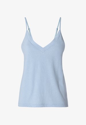 Top azzurro chiaro senza maniche con scollo a V e spalline sottili regolabili, realizzato in tessuto morbido e leggero.