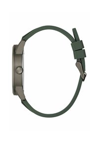 Montre à quartz avec un bracelet en silicone vert, un boîtier gris métallique et un cadran lisse. Présente une forme arrondie et un fermoir en métal.