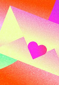 Abstracte glinsterende geometrische vormen overlappen elkaar, met een opvallend roze hart op een gele en roze achtergrond.