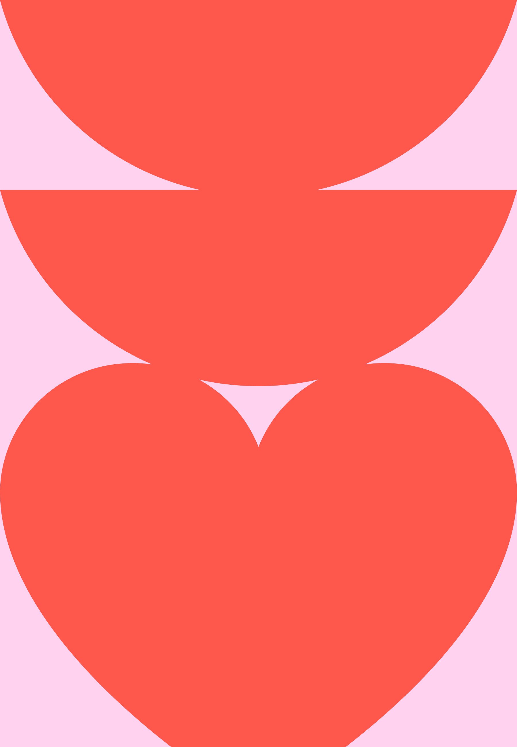 Abstract design featuring three overlapping red shapes, including two semi-circles and a heart, set against a soft pink background.
