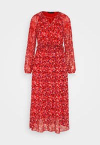 Robe longue rouge à fleurs avec manches longues, col en V, taille élastiquée et tissu fluide et transparent orné de petites fleurs multicolores.
