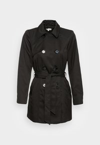Svart trenchcoat tillverkad av slät tyg, med dubbelknäppt fram, stora svarta knappar, midja med bälte och en klassisk krage.