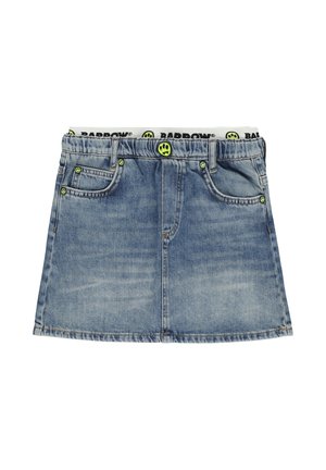 Denim mininederdel med fem lommer, elastisk linning med hvidt mærkebånd og neon gule smiley-knapper og nitter.