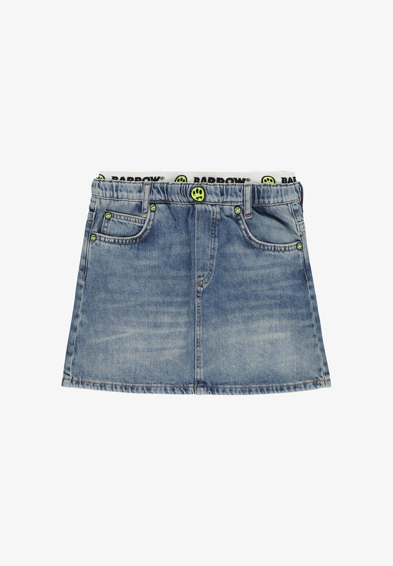 Mini-jupe en denim avec cinq poches, taille élastique ornée d'un ruban de marque blanc, et boutons et rivets smiley jaune fluo.