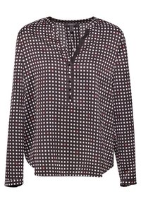 Långärmad blus med svart botten, mönster i vita och rosa rutor, knäppt V-halsringning och avslappnad passform.
