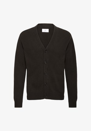 Sötétbarna kardigán puha kötött anyagból. V-alakú nyakkivágással, bordázott mandzsettákkal és hat gombbal az elején a záráshoz.