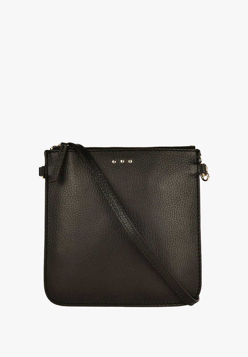 Sac bandoulière en cuir noir avec une surface texturée, doté d'une fermeture éclair, d'une bandoulière réglable et de trois clous métalliques décoratifs à l'avant.