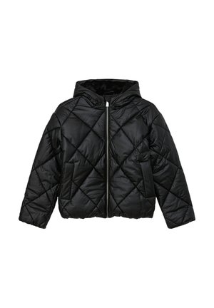 Veste matelassée noire avec capuche, dotée d'une fermeture éclair sur le devant, de deux poches latérales et d'une texture en losanges.