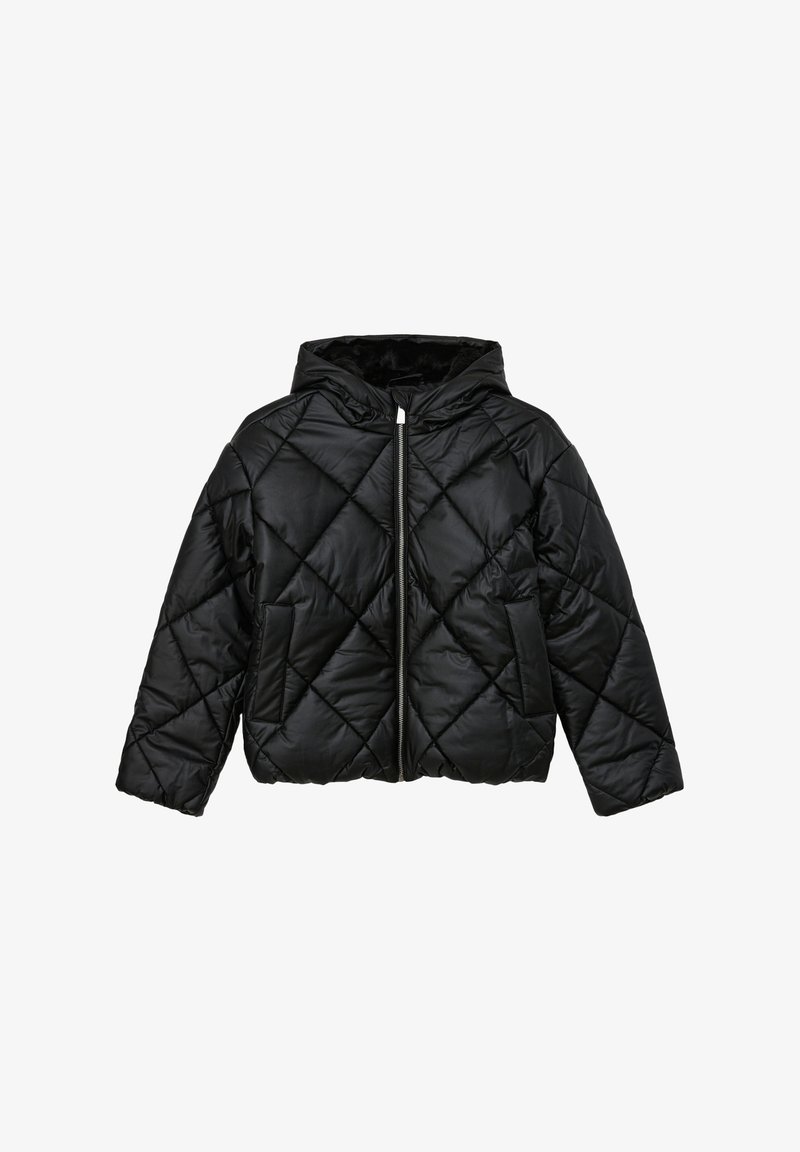 Veste matelassée noire avec capuche, dotée d'une fermeture éclair sur le devant, de deux poches latérales et d'une texture en losanges.