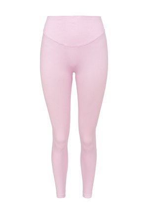 Roze leggings met een hoge tailleband, gemaakt van een gladde, rekbare stof. Heeft een geribbelde textuur bij de tailleband en de onderbenen.