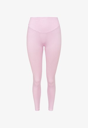 Rozā legingi ar augstu jostasvietu, izgatavoti no gludas, elastīgas materiāla. Jostasvietā un apakšējā kājā ir ribota tekstūra.