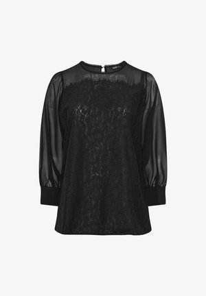 Blusa negra con frente de encaje floral, mangas 3/4 transparentes, escote redondo, cierre de botón en la parte posterior y puños ajustados.