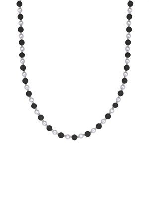 Melnbalts pērļu kaklarota, kas veidota no pārmaiņus matētām melnām un spīdīgām baltām pērlītēm, sakārtotām simetriskā rakstā.