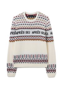 Pullover mit Rundhalsausschnitt in Cremefarben mit dekorativen Mustern in Rot, Schwarz und Gold. Verfügt über ein Strickdesign mit dem Text "APRÈS SKI" und geometrischen Motiven.