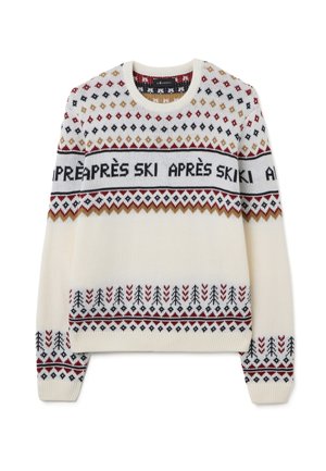 Jersey de cuello redondo en color crema con patrones decorativos en rojo, negro y dorado. Presenta un diseño de punto con texto "APRÈS SKI" y motivos geométricos.