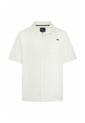 Hvid tekstureret kortærmet skjorte med camp-krave, knaplukning foran og brystlomme med lille mærke.
