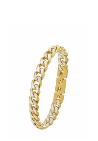 Bracciale in metallo dorato e argentato con un design a catena intrecciata, texture lucida e una chiusura sicura.