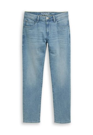 Hellblaue Jeans mit normaler Passform, fünf Taschen, Knopfverschluss und dezentem Verblassen an Oberschenkeln und Knien. Größe 31/32.