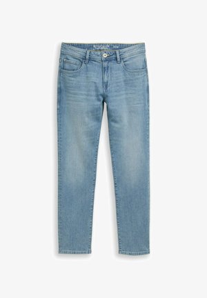 Hellblaue Jeans mit normaler Passform, fünf Taschen, Knopfverschluss und dezentem Verblassen an Oberschenkeln und Knien. Größe 31/32.