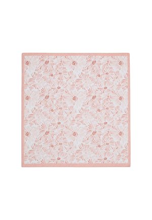 Foulard quadrato con motivo floreale rosa chiaro e bordo rosa uniforme su sfondo bianco.