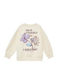 Bluza w kolorze kremowym z kwiatowymi ilustracjami w odcieniach fioletu i żółci, z napisem „HAVE YOURSELF A GREAT DAY” oraz „you are beautiful.”