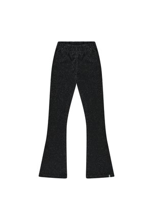 Zwarte flaredbroek met een sprankelende textuur, een elastische tailleband en een soepele afwerking. Gemaakt met een getailleerd ontwerp voor de broekspijpen.