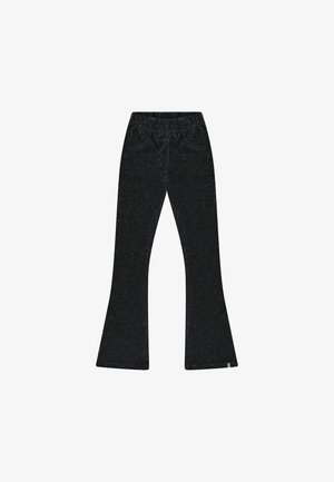 Zwarte flaredbroek met een sprankelende textuur, een elastische tailleband en een soepele afwerking. Gemaakt met een getailleerd ontwerp voor de broekspijpen.