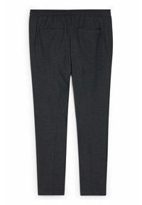 Ciemnoszare, zwężane spodnie wykonane z teksturowanej tkaniny z elastycznym pasem, wyposażone w dwie tylne kieszenie i staranne wykończenie.