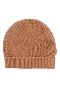 Bonnet en maille beige avec un revers côtelé, présentant une texture verticale et un dessus lisse. Fabriqué en tissu doux et flexible pour le confort.