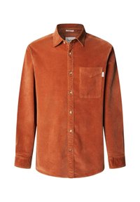 Oranje corduroy overhemd met knopen, lange mouwen, één borstzak en ronde kraag. Voorzien van zichtbare stiksels en metalen knopen.