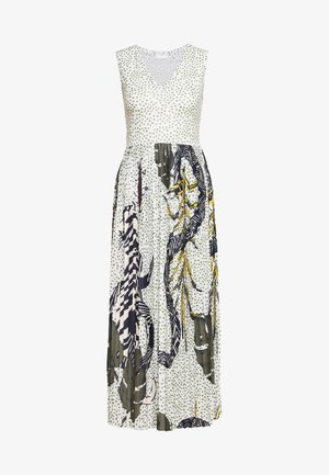 Sukienka maxi bez rękawów z dekoltem w serek, z białą bazą, oliwkowozielonymi kropkami oraz abstrakcyjnymi wzorami w kolorach czarnym, żółtym i ciemnozielonym na plisowanym dole.